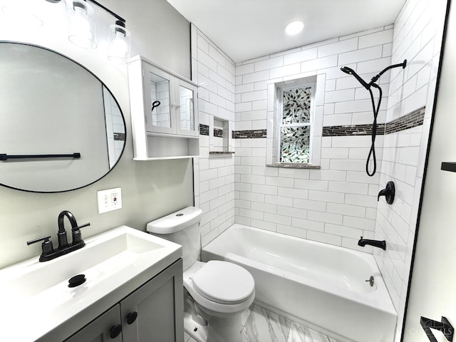 5424 Delhi Rd, Delhi Twp, OH 45238 - bathroom featuring vanity, tub / shower combination, marble look tiles, and recessed lighting