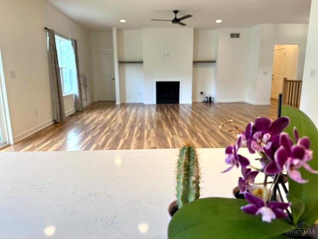 559 Foster-Maineville Rd, Hamilton Twp, OH 45039 - living room featuring a fireplace, a ceiling fan, wood finished floors, and recessed lighting