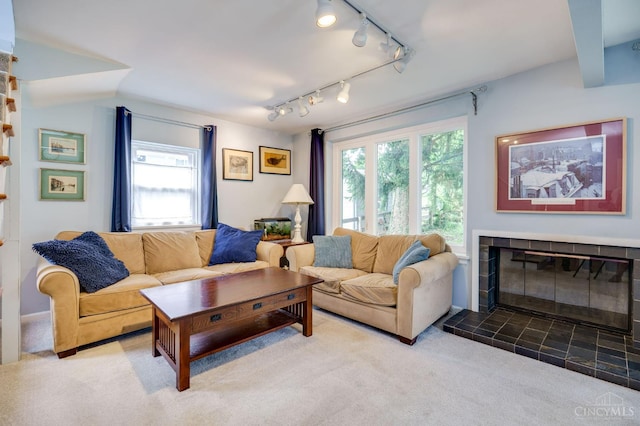 8012 Euclid Ave, Madeira, OH 45243 - living area with rail lighting, carpet floors, healthy amount of natural light, and a tiled fireplace
