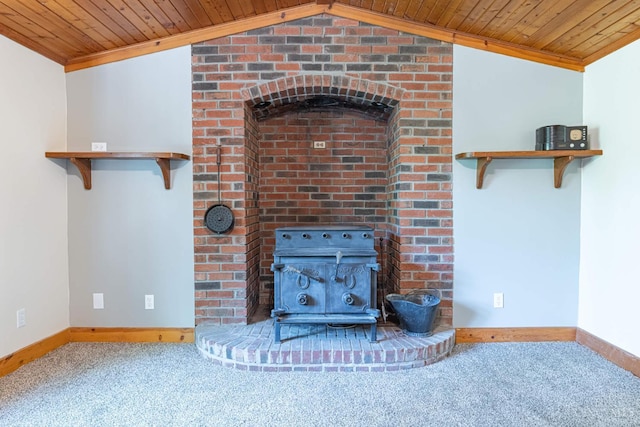 989 E Ogden Rd, Adams Twp, OH 45177 - detailed view of a wood stove, carpet, wooden ceiling, and crown molding