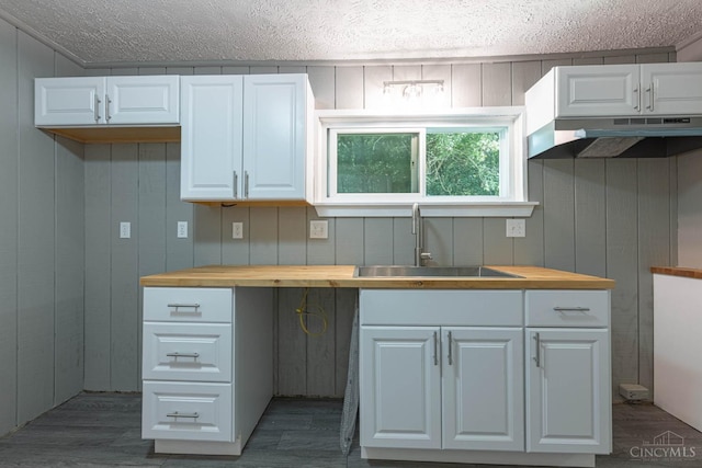 989 E Ogden Rd, Adams Twp, OH 45177 - kitchen featuring under cabinet range hood, a textured ceiling, wood counters, dark wood-style floors, and white cabinets