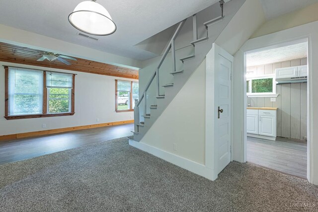 989 E Ogden Rd, Adams Twp, OH 45177 - stairs with carpet flooring, healthy amount of natural light, a ceiling fan, and wood finished floors