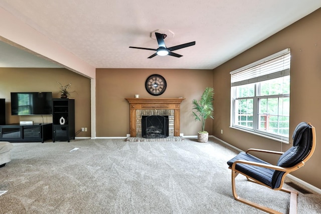 6330 Branch Hill Miamiville Rd, Miami Twp, OH 45140 - living room with carpet, ceiling fan, and a brick fireplace