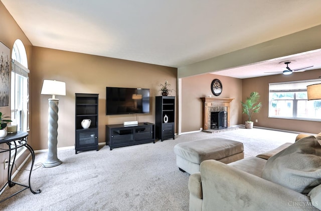 6330 Branch Hill Miamiville Rd, Miami Twp, OH 45140 - living room with carpet floors, plenty of natural light, a brick fireplace, and ceiling fan