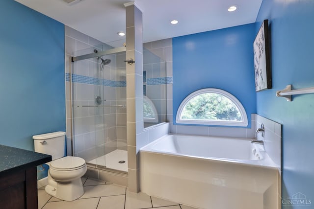 6330 Branch Hill Miamiville Rd, Miami Twp, OH 45140 - full bathroom featuring a bath, a stall shower, vanity, tile patterned flooring, and recessed lighting