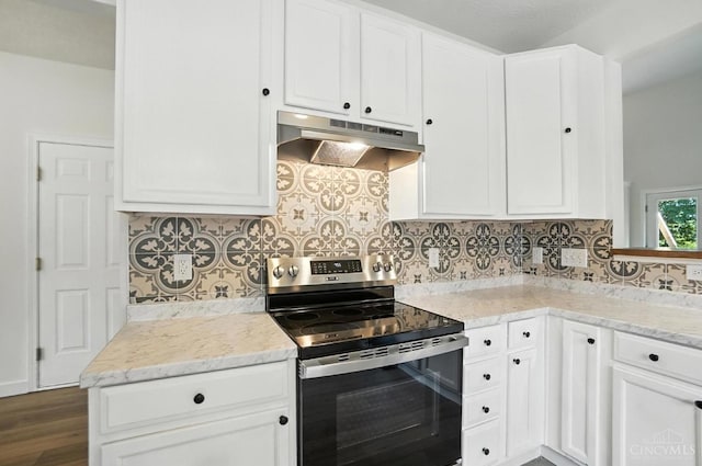 2380 Oaktree Pl, Cincinnati, OH 45238 - kitchen featuring electric range, under cabinet range hood, white cabinetry, decorative backsplash, and dark wood-type flooring