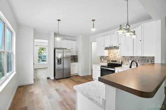 2380 Oaktree Pl, Cincinnati, OH 45238 - kitchen with stainless steel appliances, under cabinet range hood, tasteful backsplash, a peninsula, and light wood-style flooring