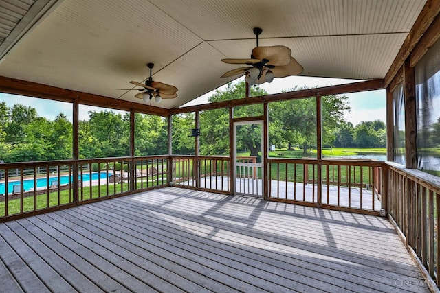6154 Taylor Pike, Wayne Twp, OH 45107 - wooden deck featuring view of wooded area, a ceiling fan, and a water view