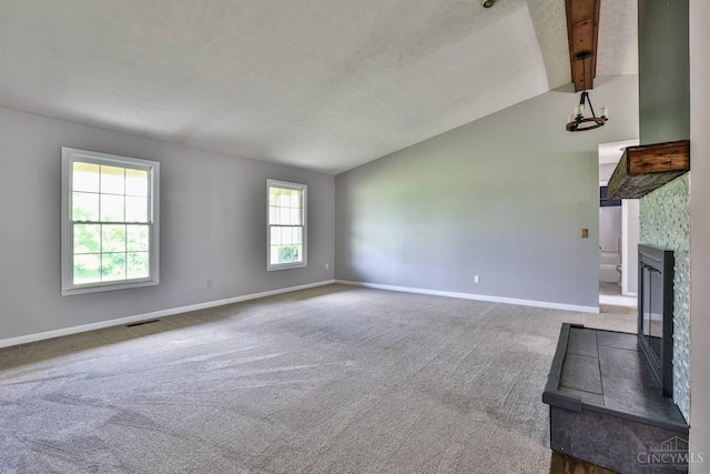 6154 Taylor Pike, Wayne Twp, OH 45107 - unfurnished living room with vaulted ceiling, carpet, and a large fireplace