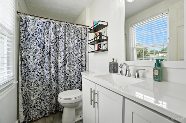 4961 Troubador Ct, Delhi Twp, OH 45238 - bathroom with vanity, wood finished floors, a textured ceiling, and a shower with shower curtain