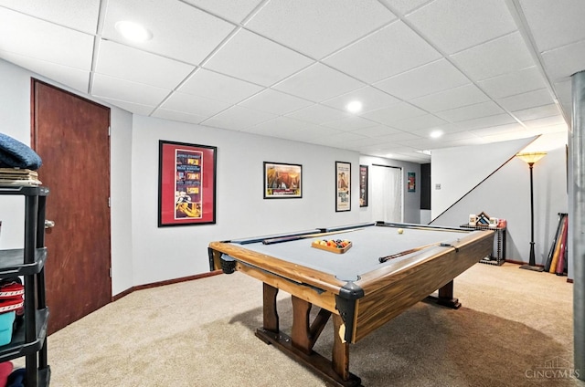 4961 Troubador Ct, Delhi Twp, OH 45238 - rec room featuring carpet, pool table, a paneled ceiling, and recessed lighting