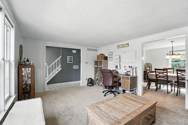 4961 Troubador Ct, Delhi Twp, OH 45238 - carpeted home office featuring a textured ceiling and a chandelier