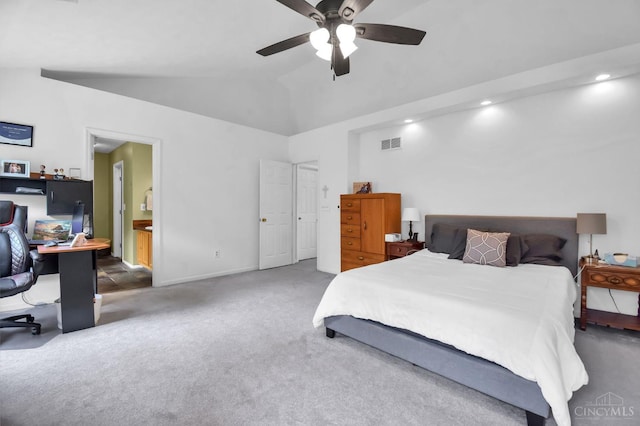 4411 Todd Rose Ct, Union Twp, OH 45244 - carpeted bedroom with vaulted ceiling, a desk, recessed lighting, ensuite bathroom, and ceiling fan