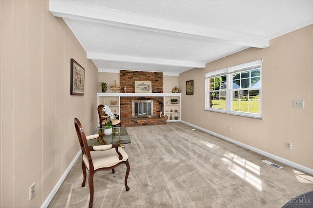 2724 Bentley Ct, Anderson Twp, OH 45244 - sitting room featuring beam ceiling, carpet floors, and a fireplace