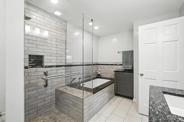 7102 Lookout Ct, Liberty Twp, OH 45011 - bathroom featuring a shower stall, a garden tub, recessed lighting, marble finish floors, and vanity