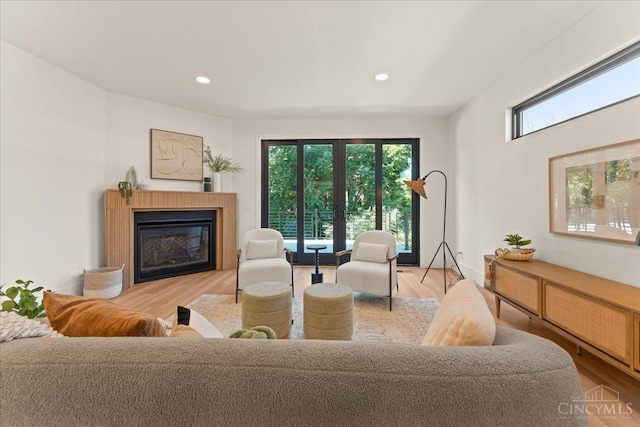 963 Windsor St, Cincinnati, OH 45206 - living room featuring a glass covered fireplace, wood finished floors, and recessed lighting