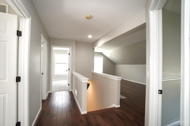 1031 Westchester, Union Twp, OH 45244 - hall with an upstairs landing, dark wood-type flooring, recessed lighting, and vaulted ceiling