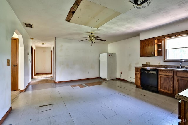 17403 Bloomrose Rd, Sterling Twp, OH 45176 - kitchen featuring dishwasher, freestanding refrigerator, open shelves, ceiling fan, and brown cabinets