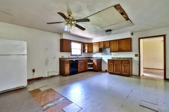 17403 Bloomrose Rd, Sterling Twp, OH 45176 - kitchen featuring freestanding refrigerator, black dishwasher, light floors, ceiling fan, and brown cabinets