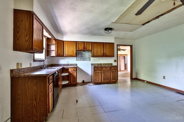 17403 Bloomrose Rd, Sterling Twp, OH 45176 - kitchen with dishwasher, dark countertops, open shelves, a ceiling fan, and brown cabinetry