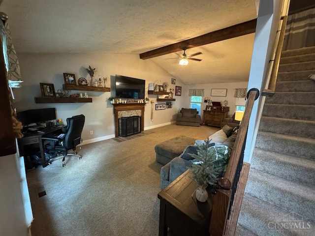 8091 Celestial Cir, Liberty Twp, OH 45044 - living room featuring carpet, stairway, ceiling fan, an office area, and a fireplace with flush hearth