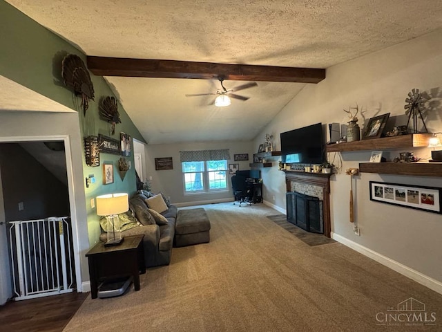 8091 Celestial Cir, Liberty Twp, OH 45044 - living area with a fireplace with flush hearth, a ceiling fan, a textured ceiling, and carpet floors