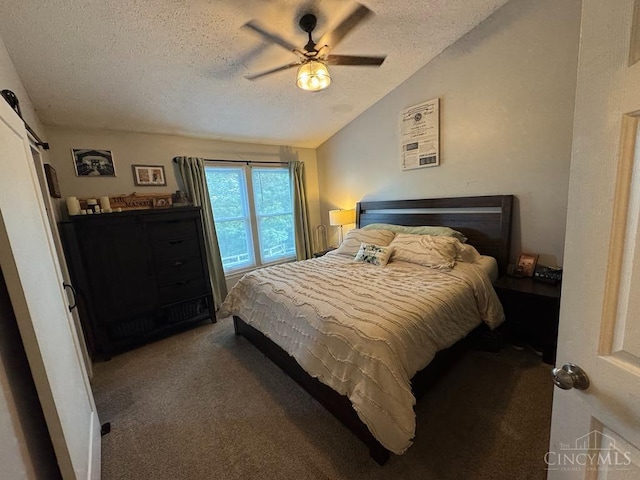 8091 Celestial Cir, Liberty Twp, OH 45044 - carpeted bedroom with a textured ceiling, lofted ceiling, and ceiling fan
