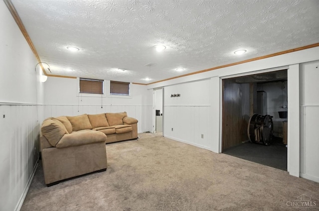 3760 Feldkamp Ave, Green Twp, OH 45211 - carpeted living room featuring ornamental molding, a textured ceiling, and a wainscoted wall