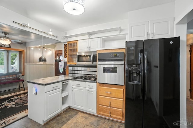 3760 Feldkamp Ave, Green Twp, OH 45211 - kitchen with appliances with stainless steel finishes, a peninsula, open shelves, and white cabinetry