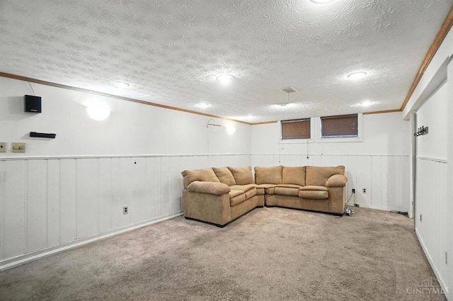 3760 Feldkamp Ave, Green Twp, OH 45211 - living area with ornamental molding, a textured ceiling, carpet, and wainscoting
