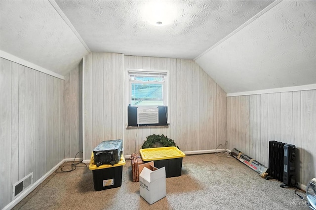 3760 Feldkamp Ave, Green Twp, OH 45211 - bonus room with a textured ceiling, lofted ceiling, carpet, wooden walls, and cooling unit