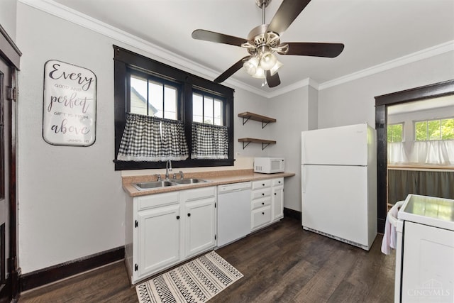 122 Fairview Ave, Washington Twp, OH 45171 - kitchen with white appliances, crown molding, dark wood-type flooring, white cabinets, and ceiling fan