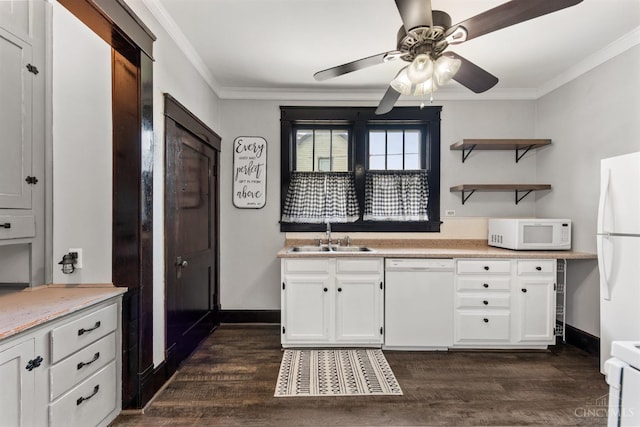 122 Fairview Ave, Washington Twp, OH 45171 - kitchen featuring white appliances, ornamental molding, dark wood finished floors, a ceiling fan, and white cabinetry