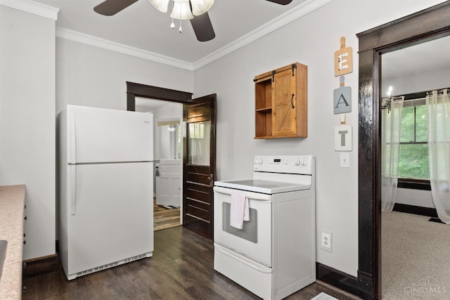 122 Fairview Ave, Washington Twp, OH 45171 - kitchen with white appliances, a ceiling fan, crown molding, dark wood finished floors, and light countertops