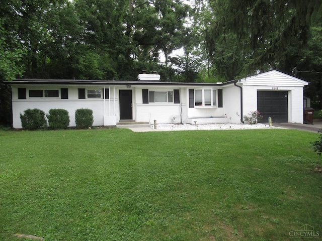 8608 Long Ln, Springfield Twp, OH 45231 - ranch-style house featuring an attached garage, a front lawn, a chimney, brick siding, and entry steps
