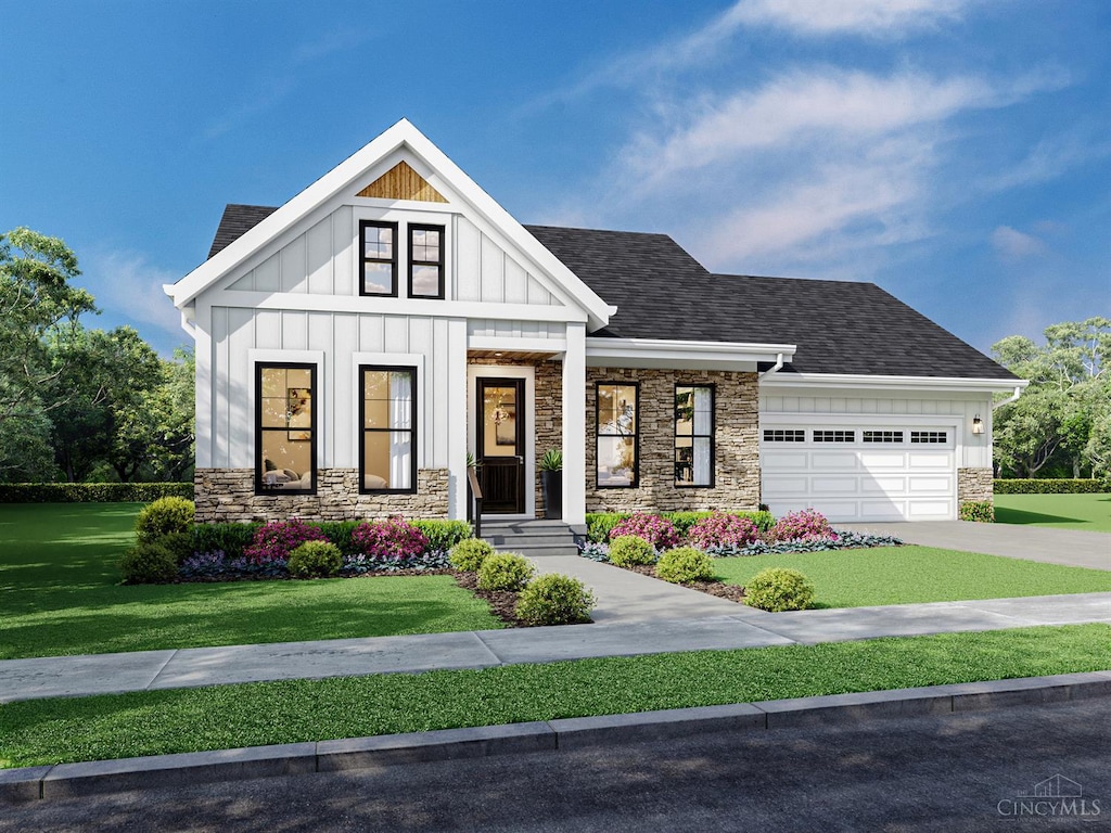 1190 Linden Hill Ln, Anderson Twp, OH 45230 - view of front of property with stone siding, a garage, a front lawn, board and batten siding, and a shingled roof
