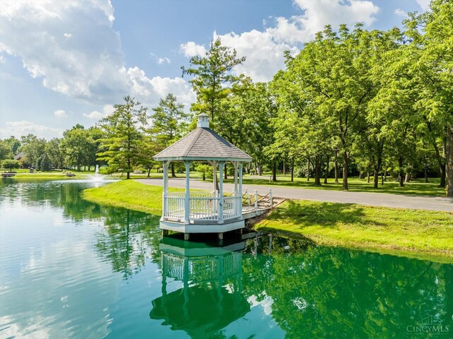 8069 Green Lake Dr, Liberty Twp, OH 45044 - dock featuring a gazebo, a water view, and view of wooded area