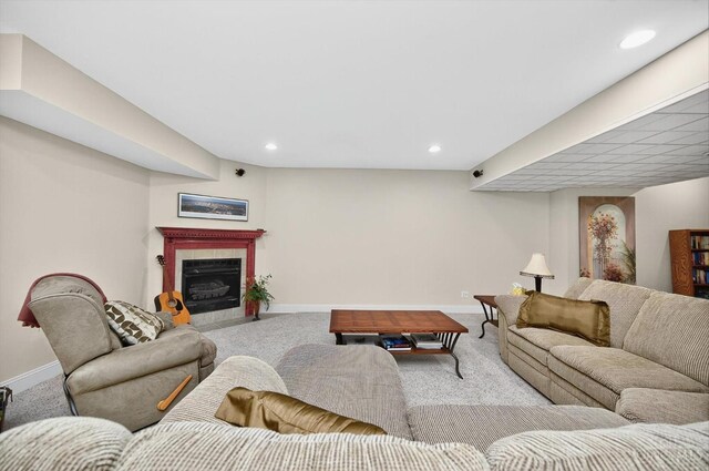 8069 Green Lake Dr, Liberty Twp, OH 45044 - living area with carpet flooring, a fireplace, and recessed lighting