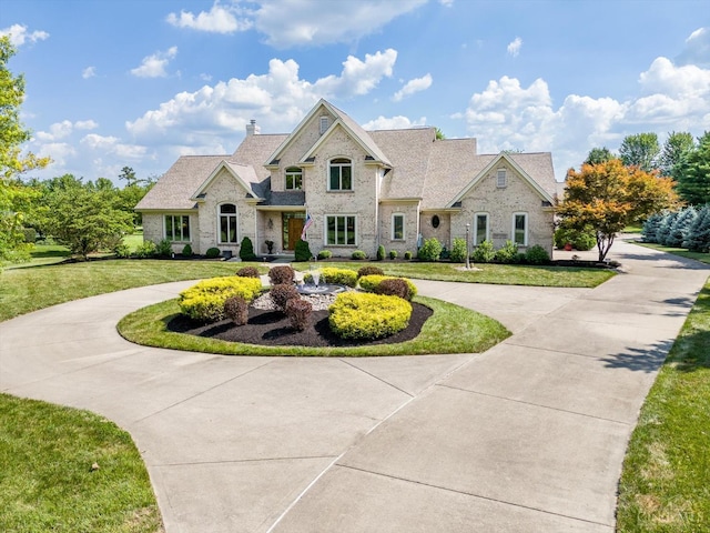 8069 Green Lake Dr, Liberty Twp, OH 45044 - french country inspired facade with curved driveway, a front yard, a chimney, and brick siding
