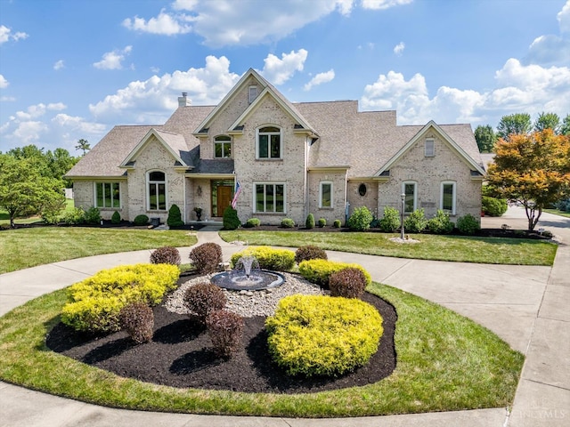 8069 Green Lake Dr, Liberty Twp, OH 45044 - french provincial home with a front lawn, roof with shingles, a chimney, and brick siding