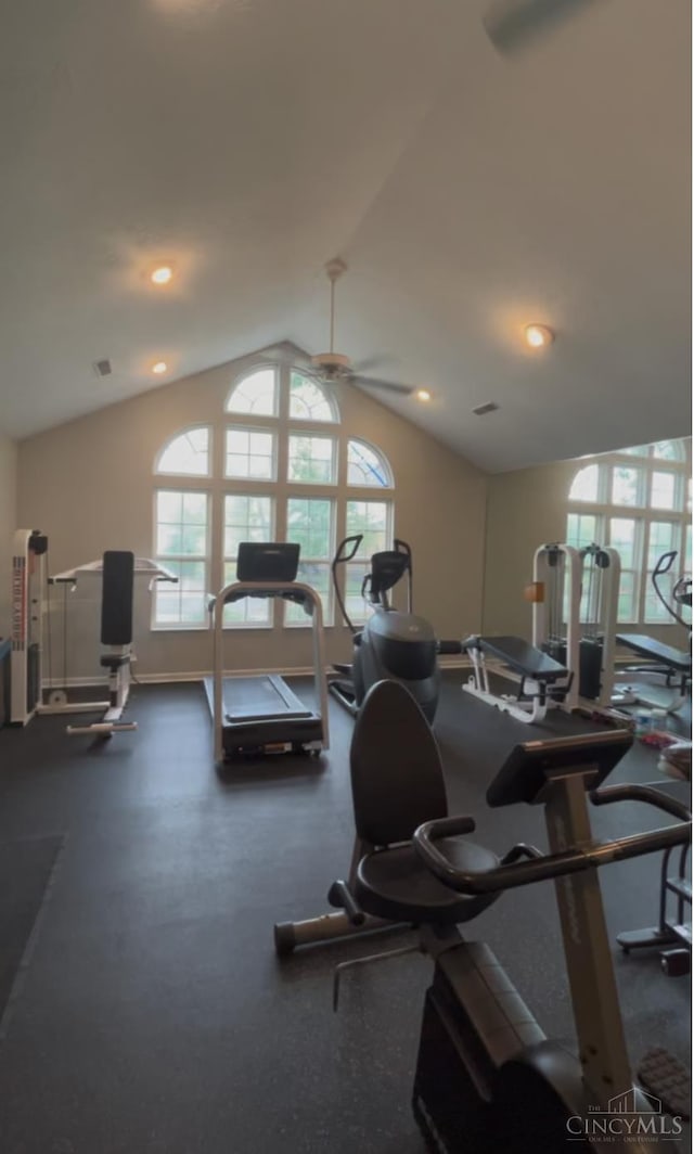5433 Harbourwatch Unit 104, Deerfield Twp, OH 45040 - exercise room with a ceiling fan, healthy amount of natural light, and lofted ceiling