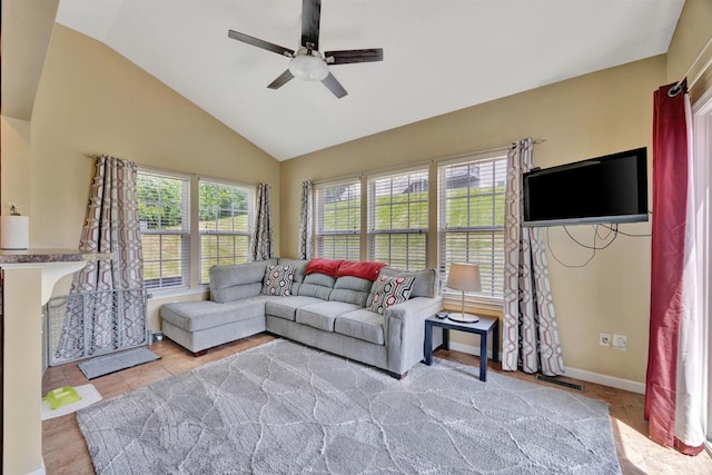 8020 Stoney Ridge Dr, Colerain Twp, OH 45247 - living area featuring ceiling fan, tile patterned floors, and high vaulted ceiling