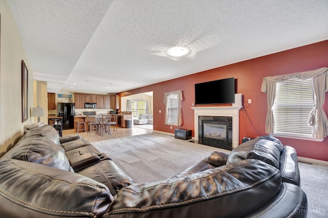 8020 Stoney Ridge Dr, Colerain Twp, OH 45247 - living room featuring light carpet, a textured ceiling, and a fireplace