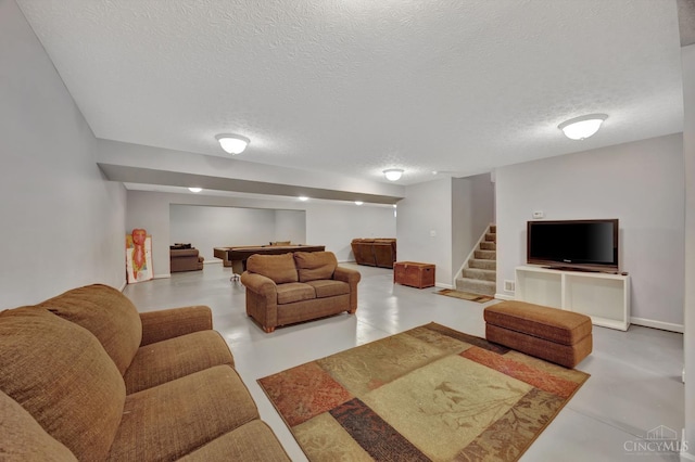 8020 Stoney Ridge Dr, Colerain Twp, OH 45247 - living room with stairway, a textured ceiling, finished concrete flooring, and billiards