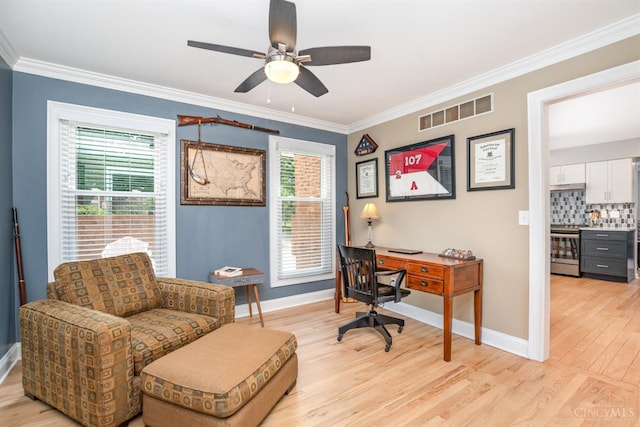 2201 Candlemaker Dr, Anderson Twp, OH 45244 - home office featuring ceiling fan, crown molding, and light wood finished floors