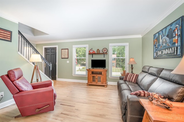 2201 Candlemaker Dr, Anderson Twp, OH 45244 - living area with light wood-type flooring, ornamental molding, and stairs