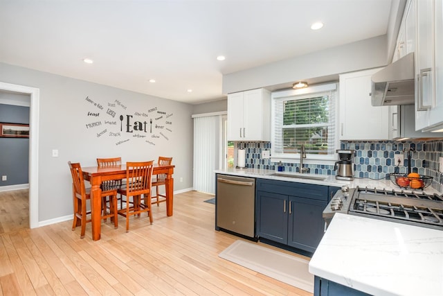2201 Candlemaker Dr, Anderson Twp, OH 45244 - kitchen with stainless steel dishwasher, backsplash, white cabinetry, extractor fan, and light wood-style flooring