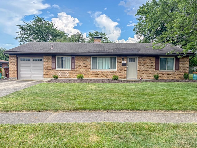 1028 Swango Dr, Kettering, OH 45429 - ranch-style house featuring an attached garage, asphalt driveway, a front yard, brick siding, and a chimney