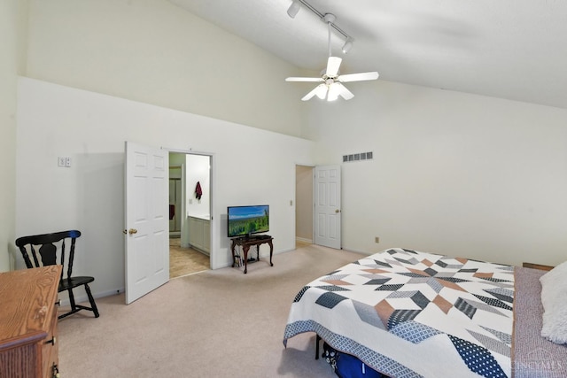 1287 Mcguffey Ln, Union Twp, OH 45103 - bedroom featuring light carpet, high vaulted ceiling, connected bathroom, and a ceiling fan