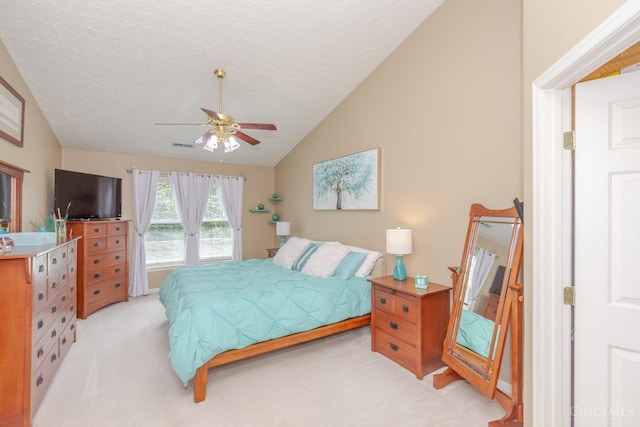 2220 Sulky Ct, Beavercreek Twp, OH 45434 - bedroom with lofted ceiling, light colored carpet, a textured ceiling, and a ceiling fan